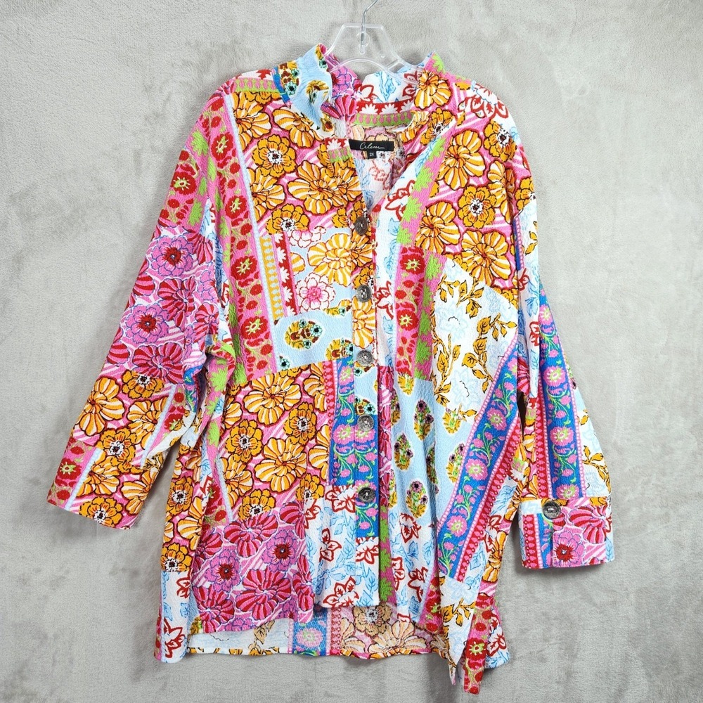 Calessa Womens 2X Floral Patchwork Button Up Mock Neck Shirt Fuchsia Colorful
